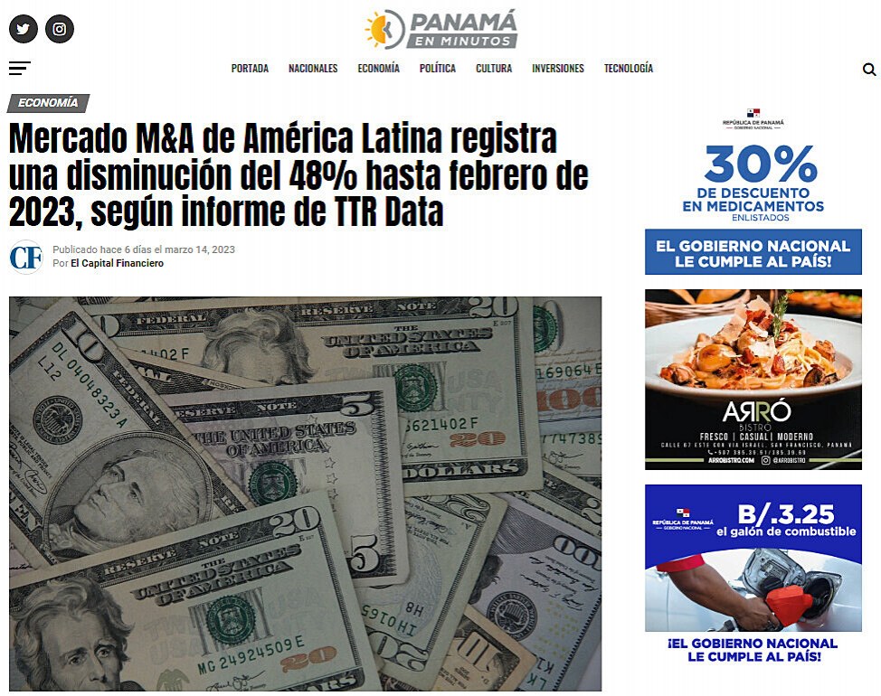 Mercado M&A de América Latina registra una disminución del 48% hasta febrero de 2023, según informe de TTR Data